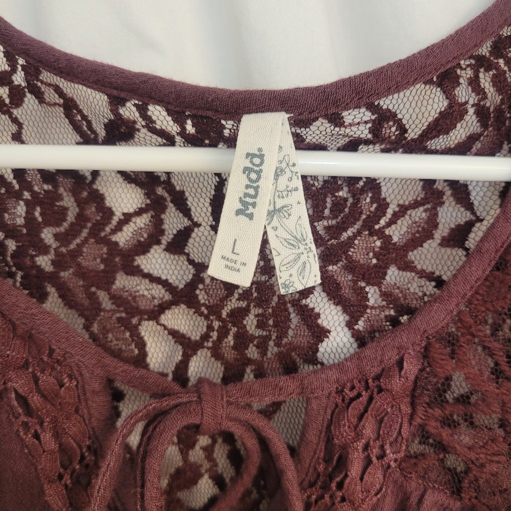 Mudd Burgundy Lace Accent Tie Front Blouse - Picture 5 of 10